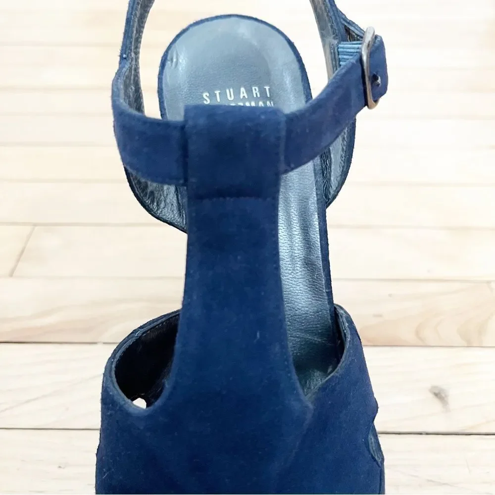 Stuart Weitzman Navy Blue Suede T-Strap Platform Heels - Picture 7 of 11